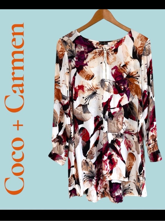 Coco + Carmen Tops - Coco + Carmen Floral Viscose Tunic Top, Gold Zip Front,  Boho Size M. Like new!